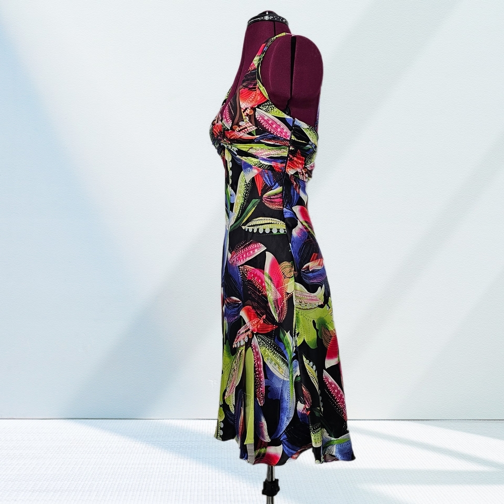 Y2K Cache Vintage 100% Silk Party Bright Colorful Floral Halter Midi Dress - Picture 2 of 15